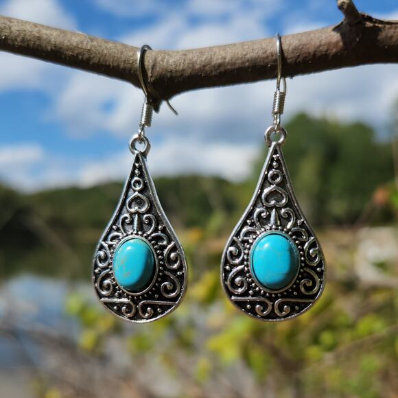 Blue Turquoise Dangle Earrings – Boho Silver Drop Jewelry for Women - Picture 6 of 14